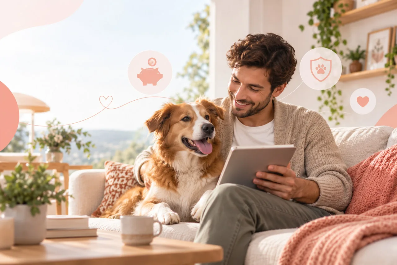 Owner reading a tablet beside a dog